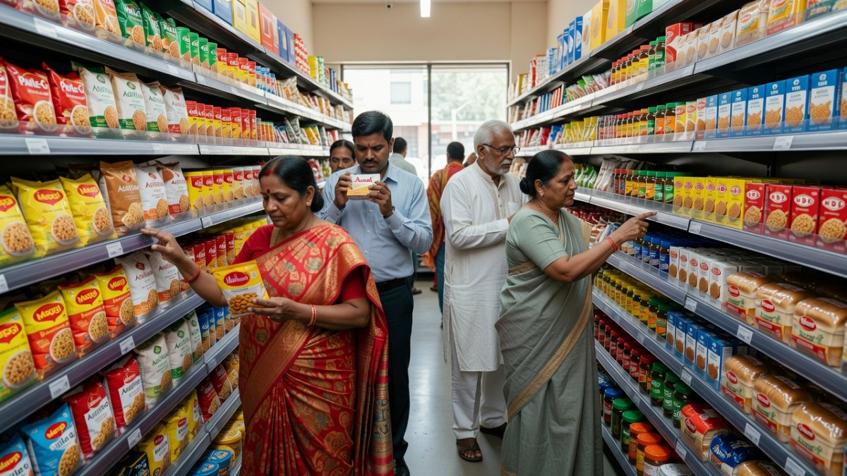 Indian shoppers examining packaged food products and nutrition labels in a grocery store