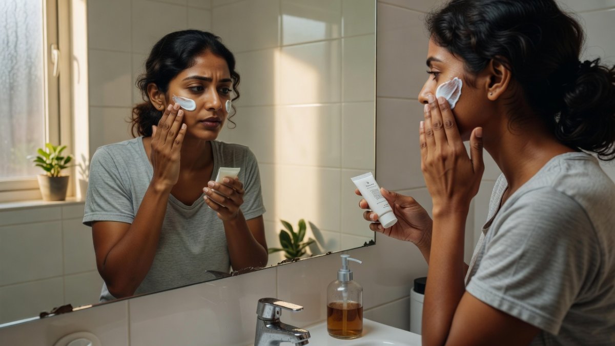 Indian woman applying broad-spectrum sunscreen as part of a daily skincare routine
