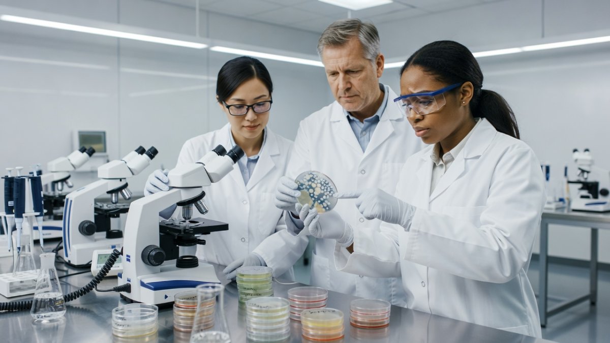 UKHSA scientists analysing Salmonella bacteria samples in a laboratory