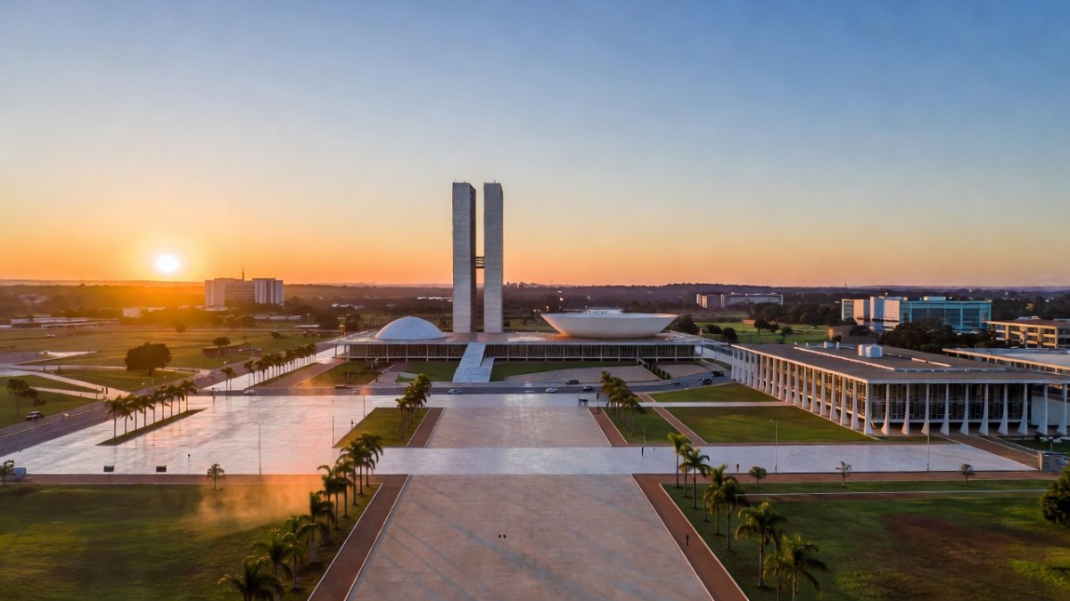 Aerial view of Brasilia’s government district, with the National Congress and Palacio do Planalto visible