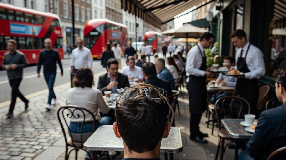 Person wearing Meta smart glasses in a public setting