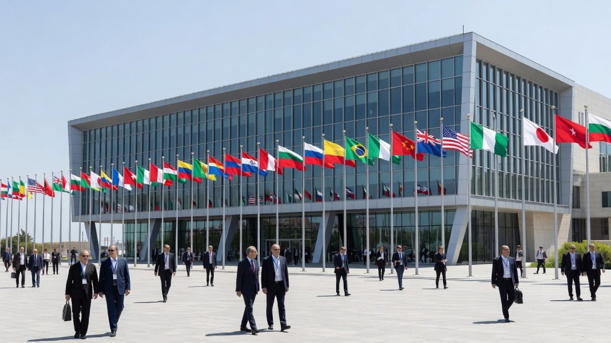 The COP31 climate conference venue in Antalya, Turkiye, with national flags flying