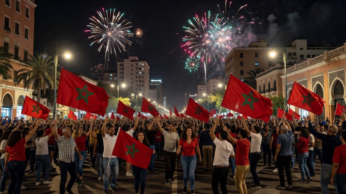 Moroccan fans celebrate in the streets of Casablanca with flares and flags
