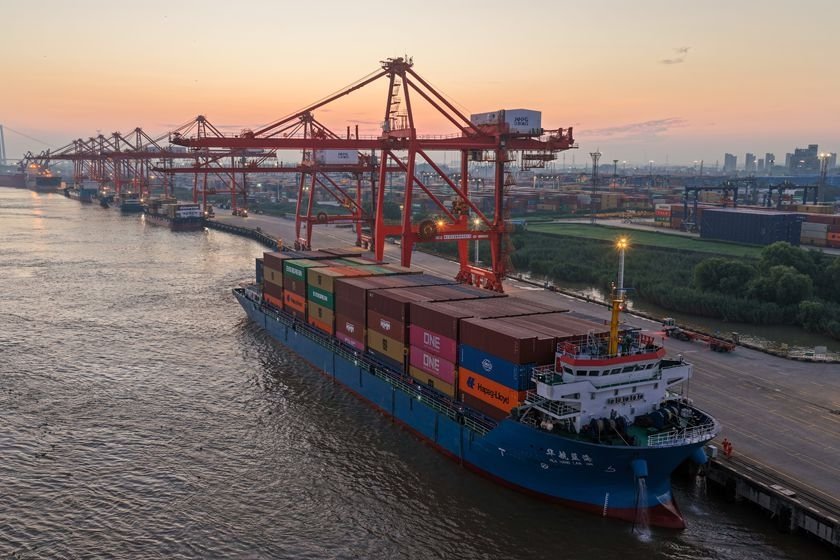 Container ships docked at Nanjing Port, a key node in China's logistics network