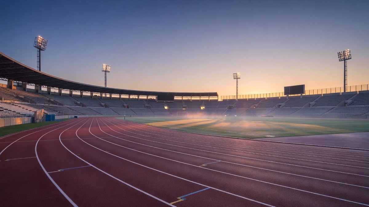 International athletics stadium at dawn as Russian athletes return to global competition