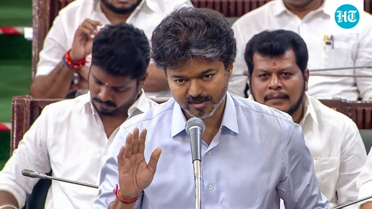 Tamil Nadu Chief Minister C. Joseph Vijay addressing the state assembly on the scrapped Parandur airport project