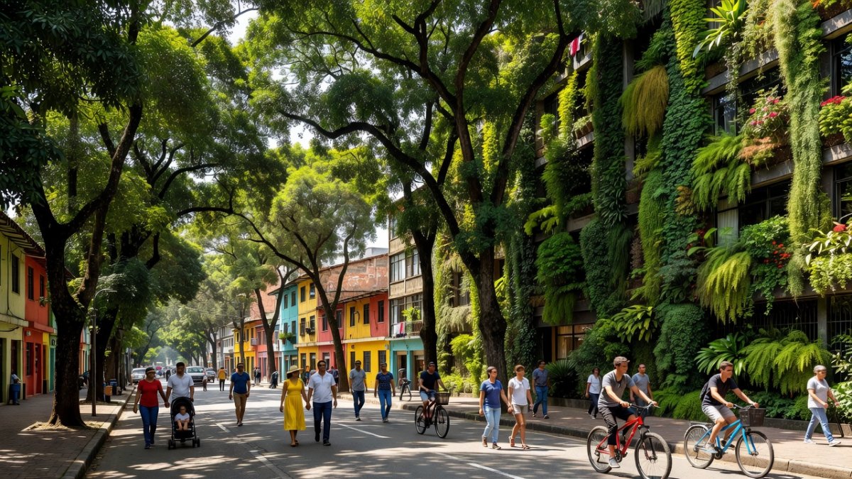 Pedestrians and cyclists on a green corridor avenue in Medellin, Colombia