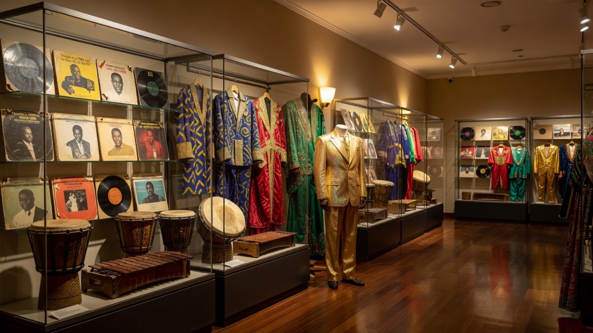 Displays inside the National Rumba Museum in Kinshasa, including traditional instruments and stage costumes
