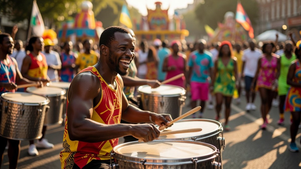 Steel pan drummer performing at a London street carnival