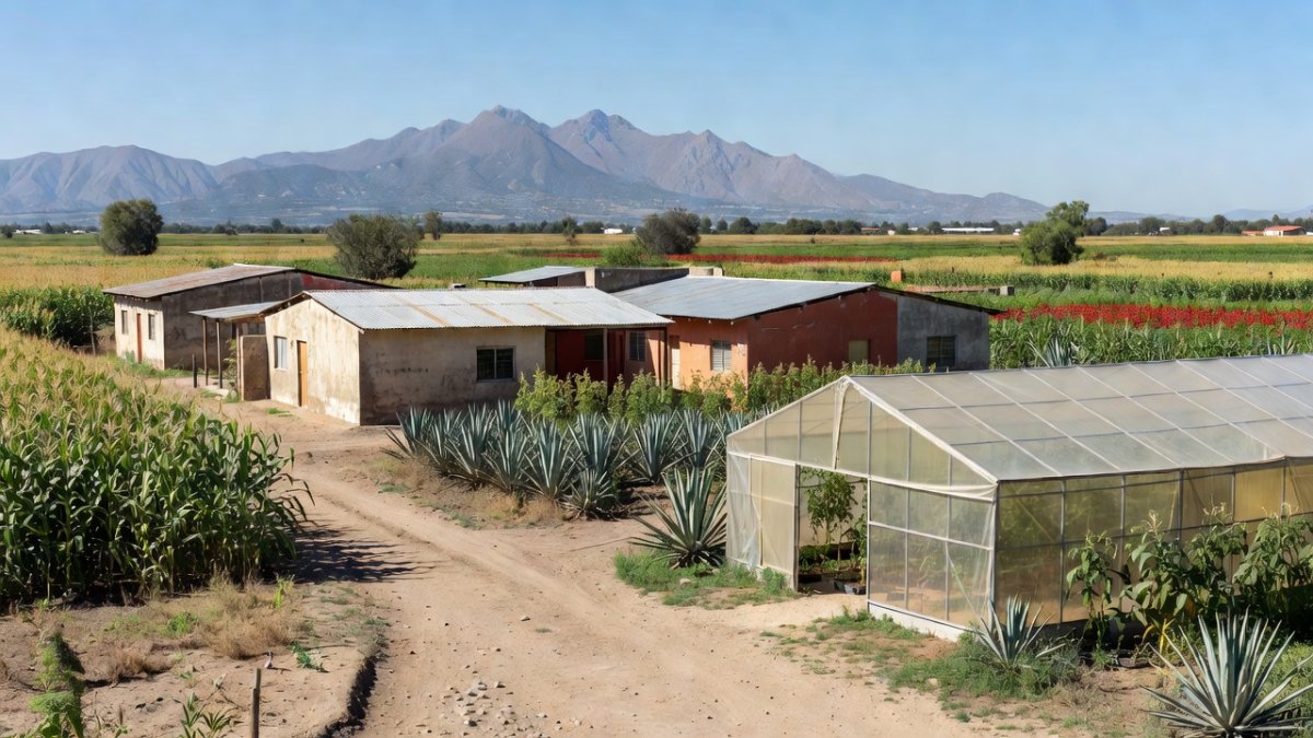 A rural Mexican high school campus surrounded by agricultural fields in Morelos