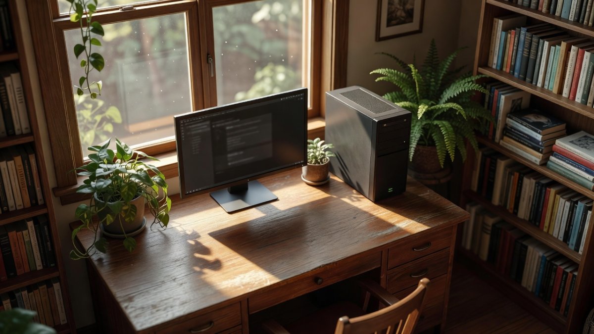 Home office with computer tower, monitor and desk in warm daylight