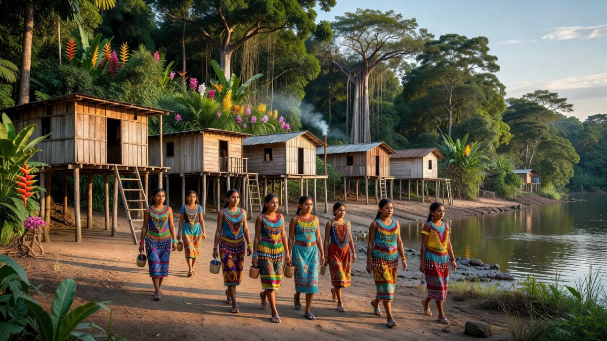 Embera Indigenous women and girls in traditional dress in a riverside community in Colombia