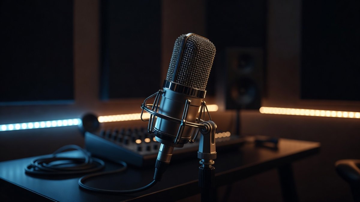 Studio condenser microphone glowing under blue and amber LED lights