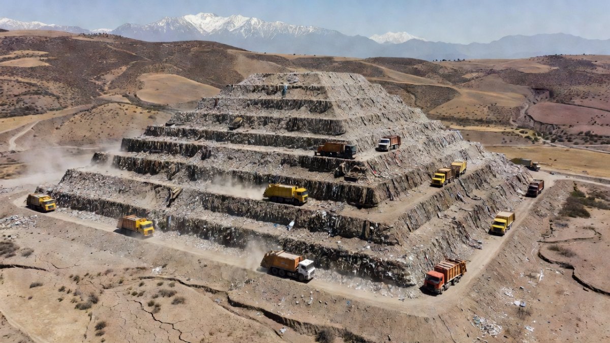 Aerial view of the Lomas Los Colorados landfill north of Santiago, Chile