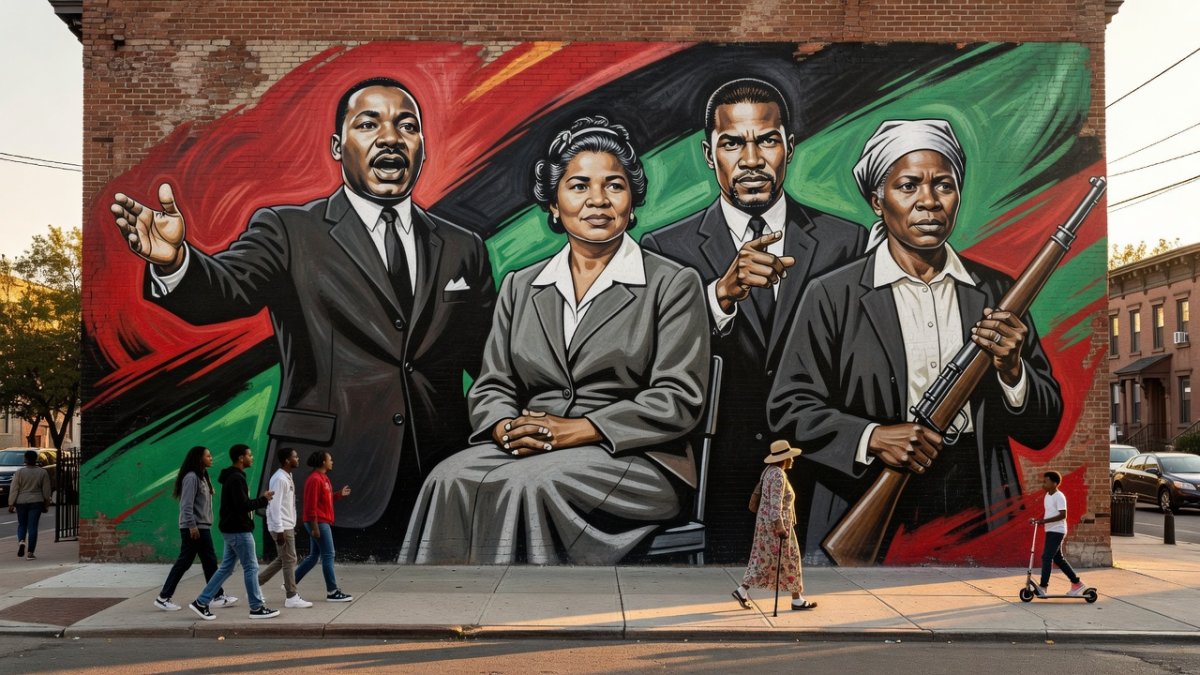 A community mural honoring Black freedom fighters in Pan-African colors, symbolizing the living memory of Black August