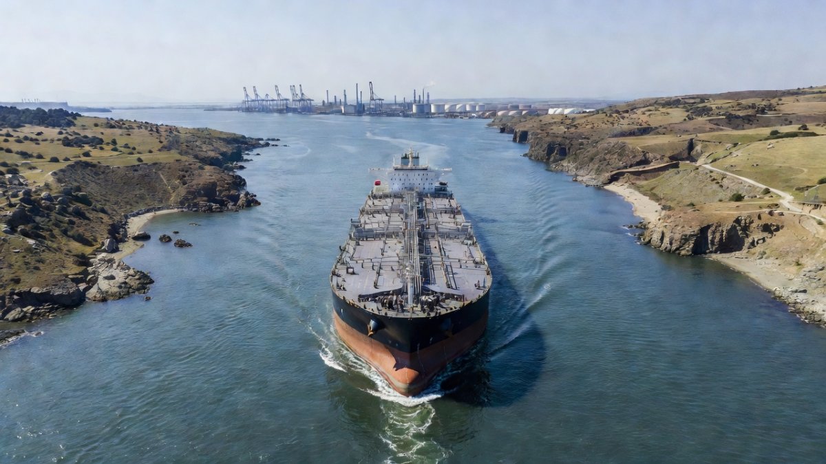 Cargo tanker sailing through the Strait of Hormuz, a vital waterway for global oil shipping