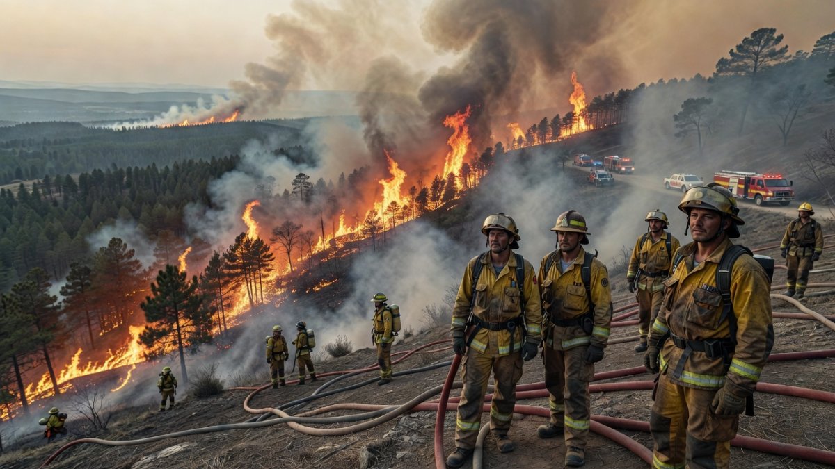 Firefighters battling wildfires on a smoke-filled hillside in Europe