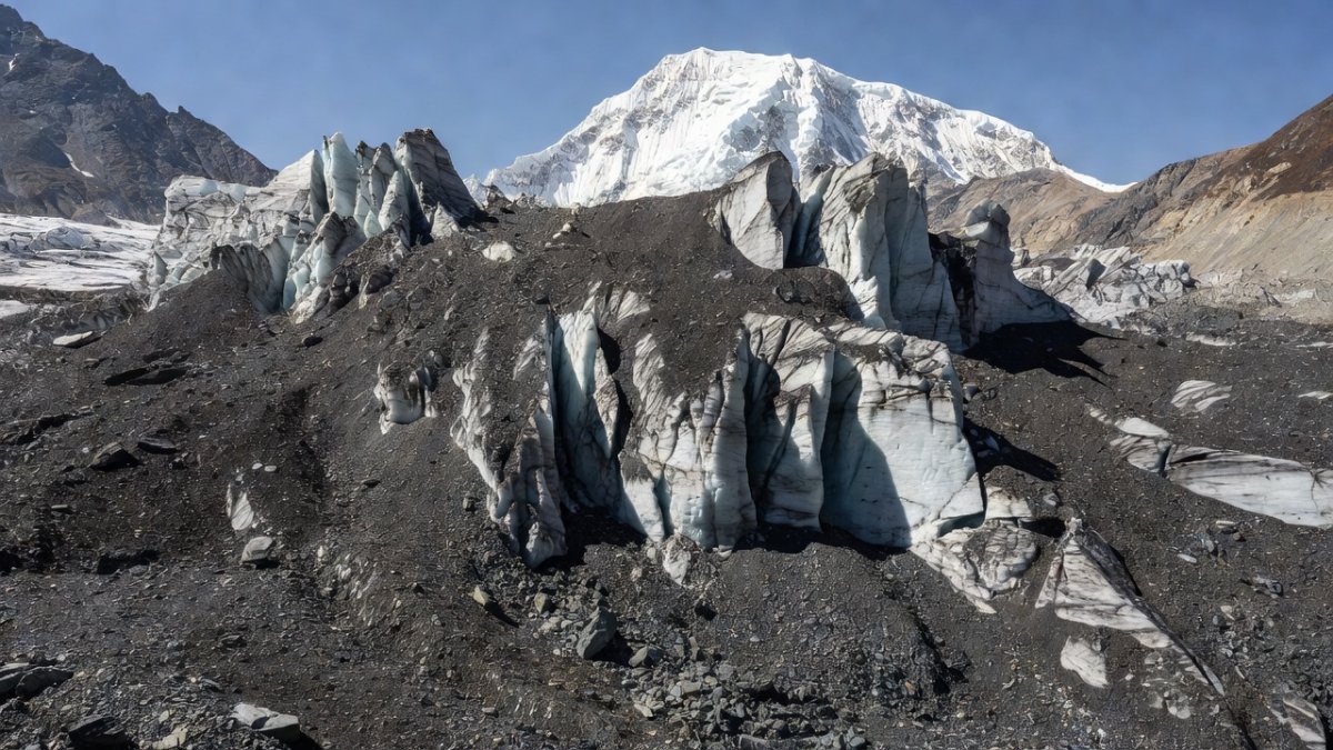 Rock-debris-covered glacier in the Langtang region, site of the 26 August 2026 collapse