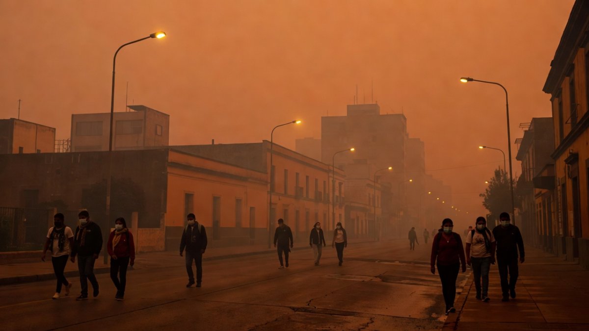 City under thick wildfire smoke haze in Latin America