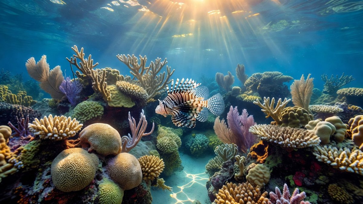 An invasive lionfish swims above coral formations in the Caribbean, a growing threat to the Mesoamerican Reef