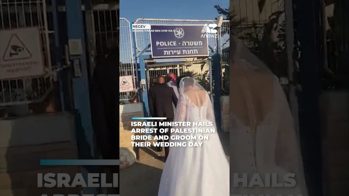Israeli police detain a Palestinian bride and groom in the Negev after their wedding convoy was stopped