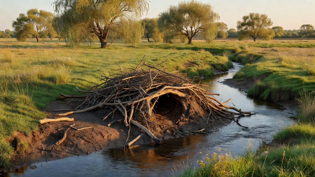 A beaver lodge on the River Wensum in Norfolk, built by the wild pair that arrived in December 2025