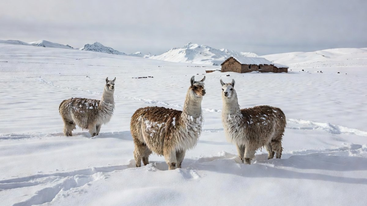 Llamas standing in deep snow on the Bolivian Altiplano near Potosi