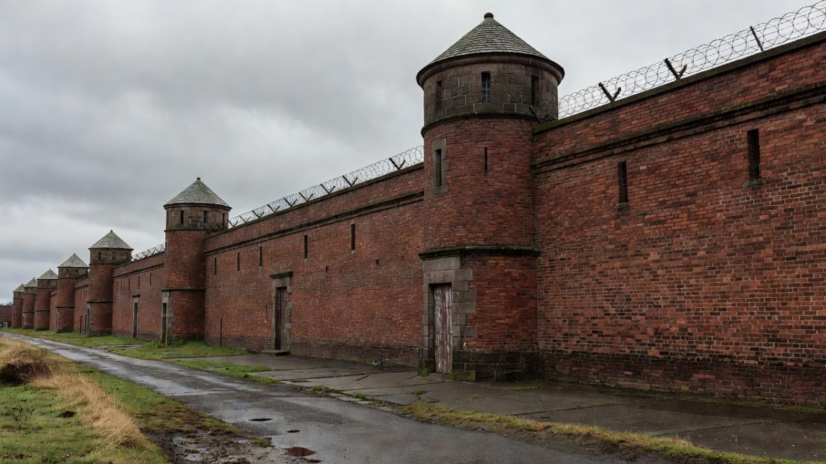 Exterior of a UK prison with high walls and security fencing
