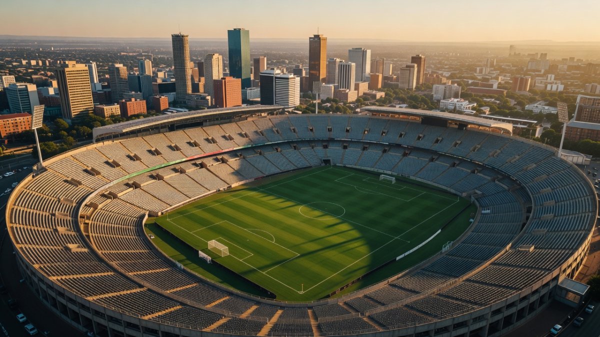 Aerial view of a Johannesburg football stadium at golden hour