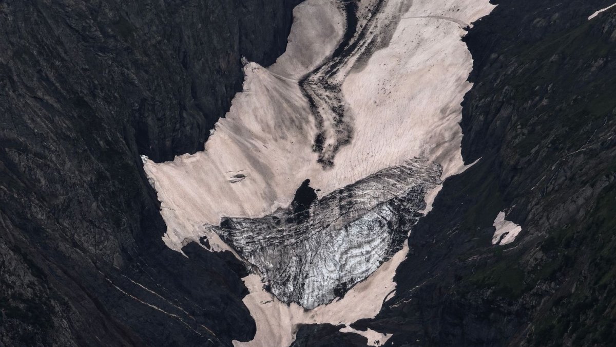 Aerial view of a Himalayan glacier between rugged mountains