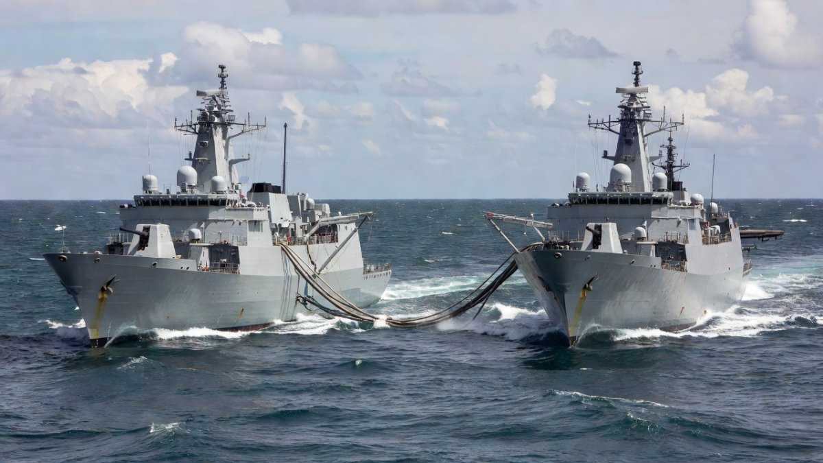 Chinese and Indonesian naval vessels operating in formation east of Taiwan during the August 2026 joint exercise