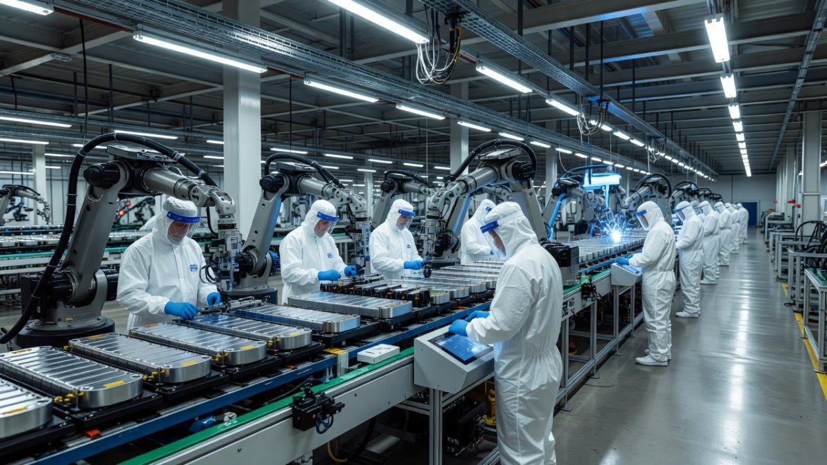 modern electric vehicle battery manufacturing plant interior