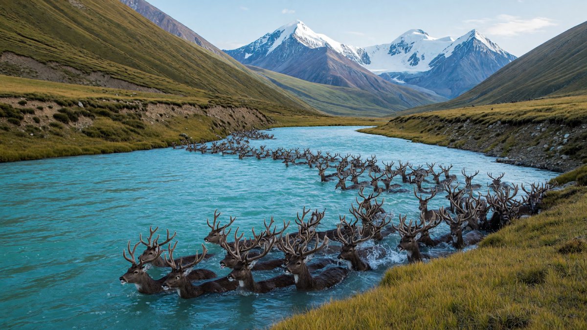 Rare White-Lipped Deer Herd Crosses Yalong River in Sichuan