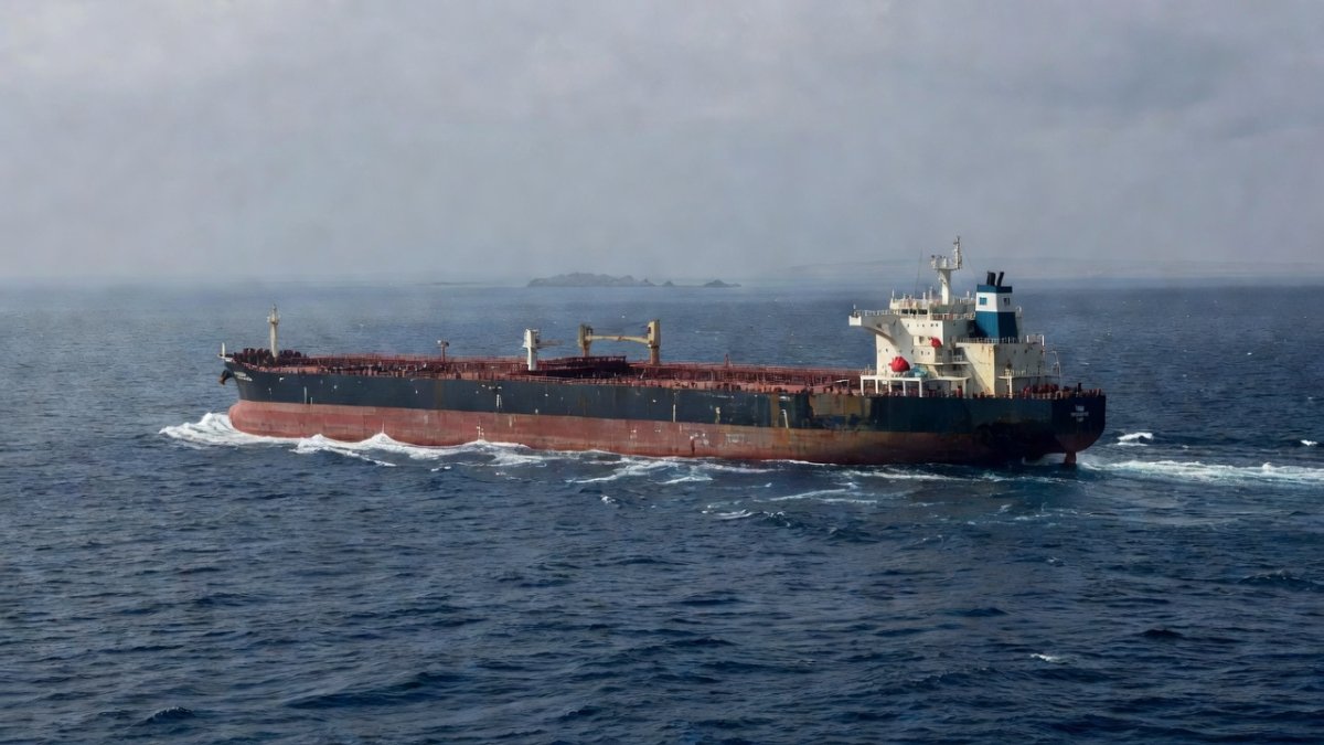 Oil tanker navigating through the Strait of Hormuz with Iranian coastline in background