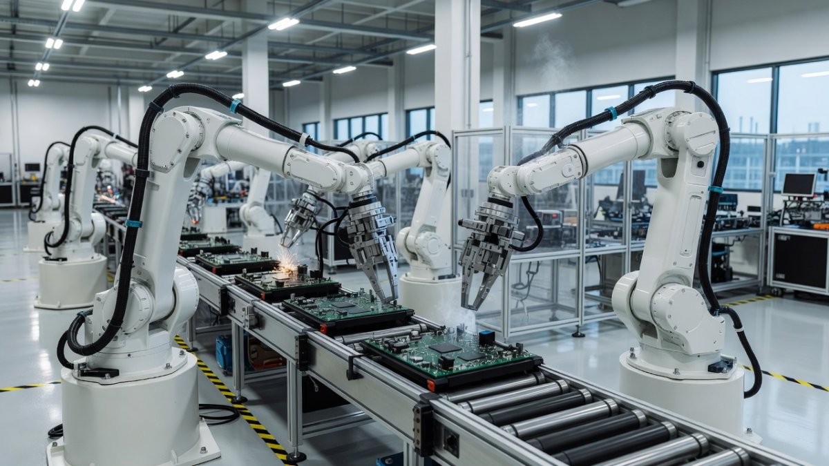 Industrial robot arms on an automated assembly line