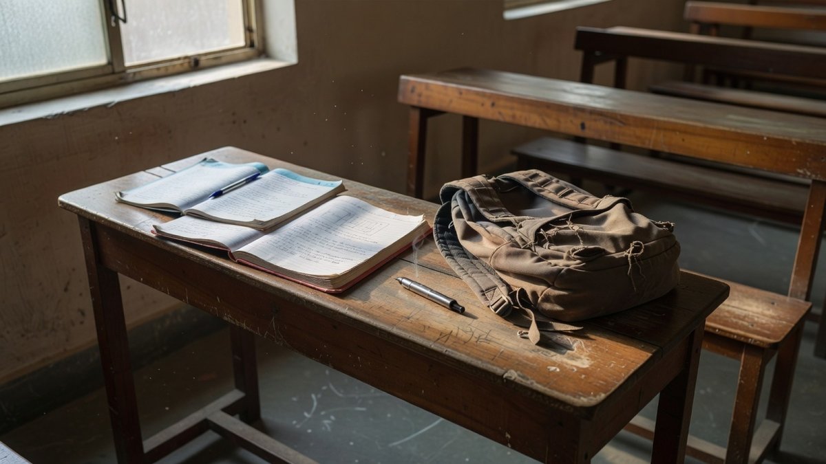 A school desk in India with notebooks and a pen-like vaping device, showing how discreet e-cigarettes can be in classrooms