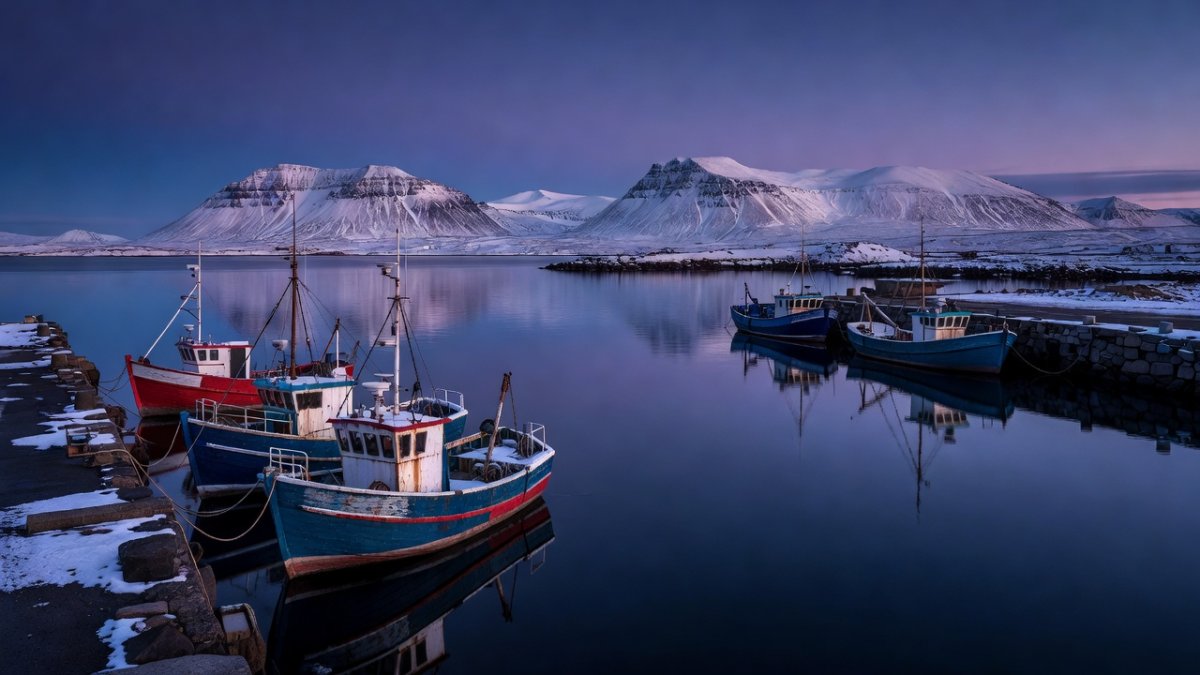 Fishing trawlers moored in an Icelandic harbour