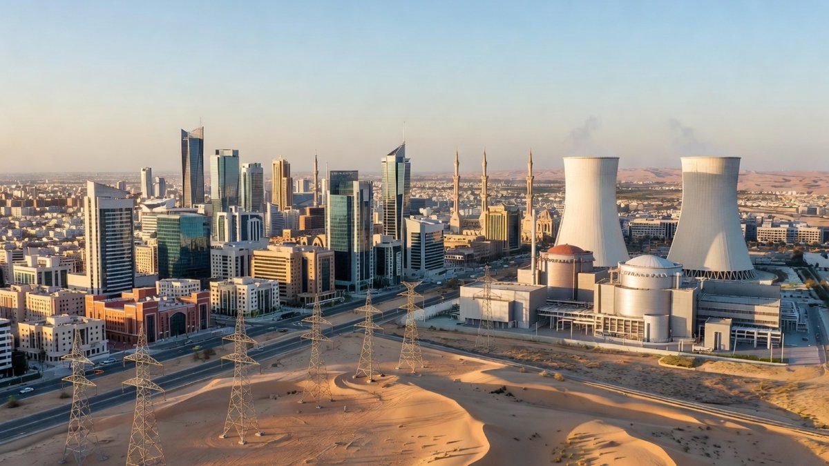 Aerial view of a Middle Eastern city skyline with a nuclear power plant on the outskirts, illustrating Saudi Arabia's civilian nuclear ambitions