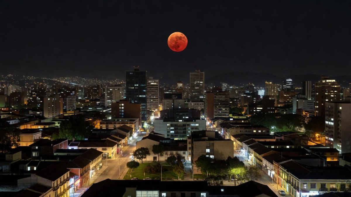 The deep red-orange eclipsed moon over a Latin American city skyline