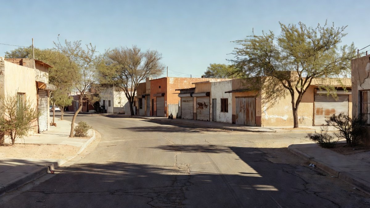Quiet street scene in a Tamaulipas border town community affected by the militarized school closures