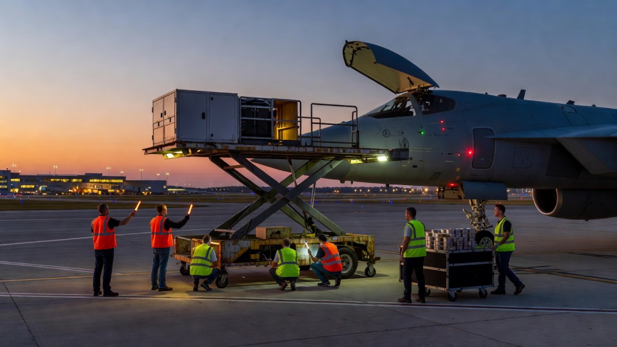 An airport catering service truck positioned beside a parked aircraft at twilight