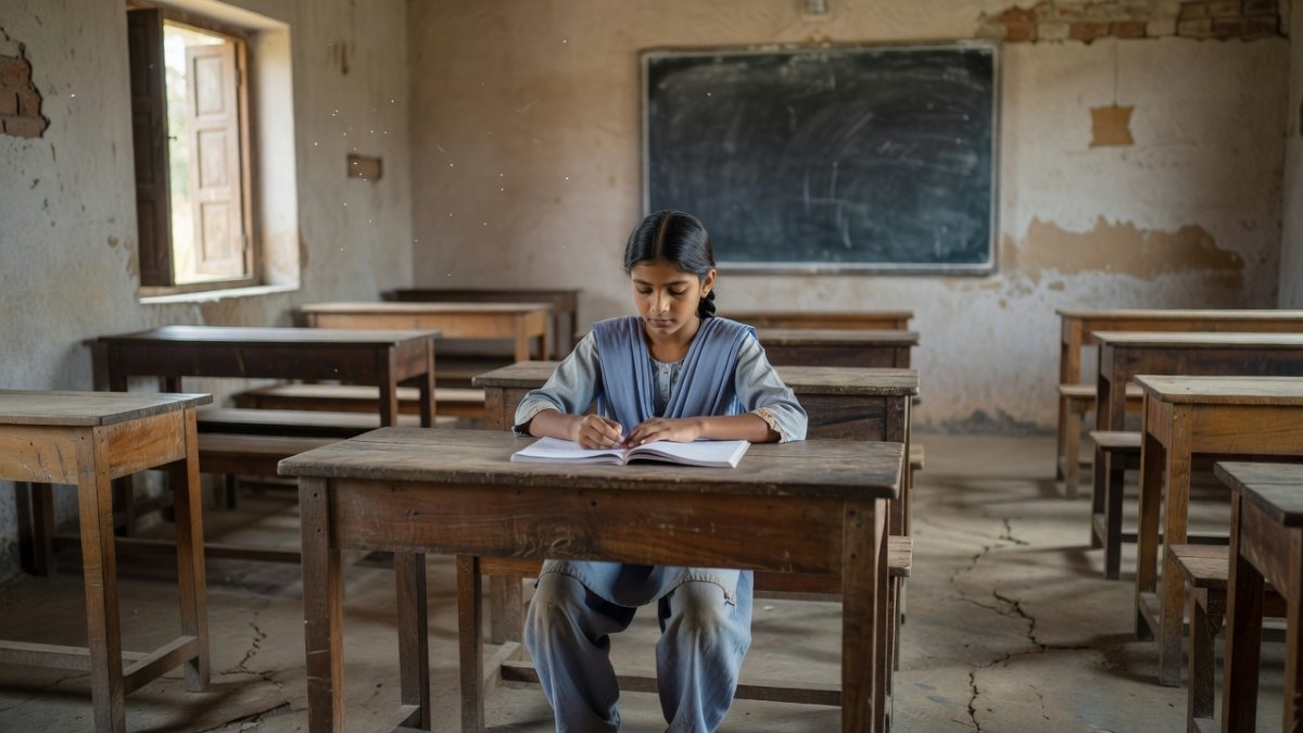 Rural Indian schoolgirls in a classroom, symbolising the infrastructure gap in girls' education