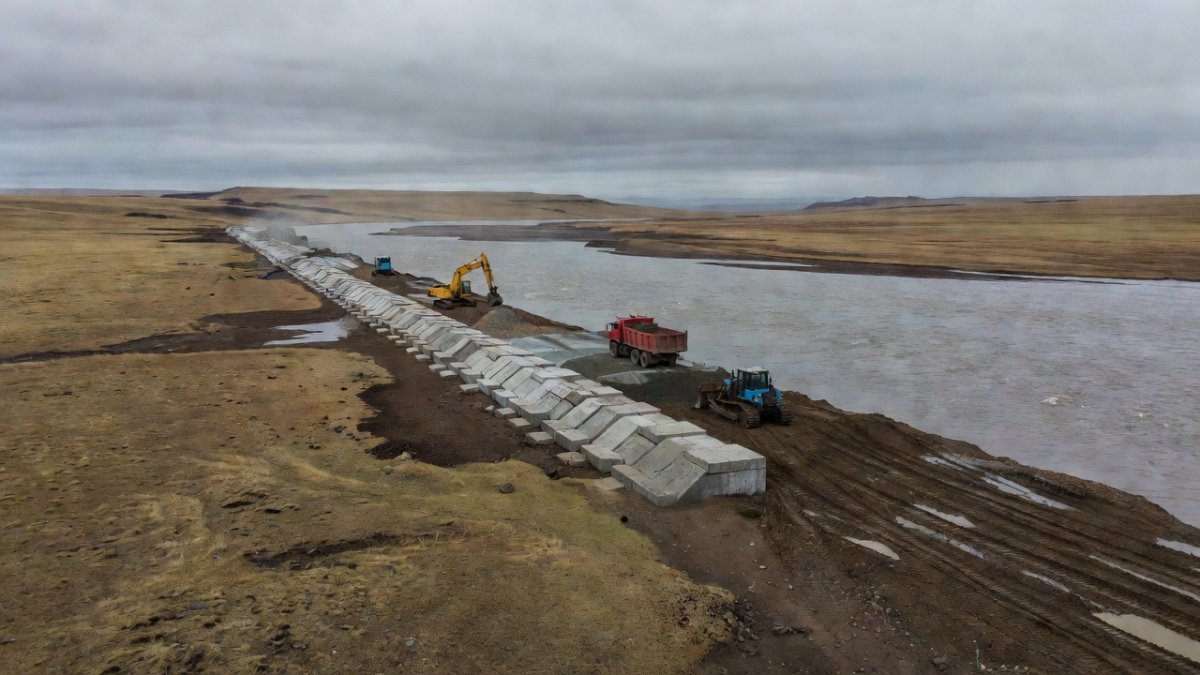 Flood defense dam construction in Russia's Zabaikalsky region