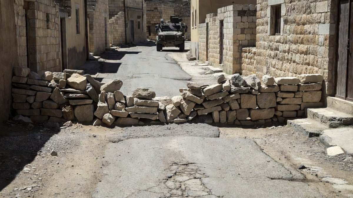Stone wall blocking a road in the West Bank village of Qusra
