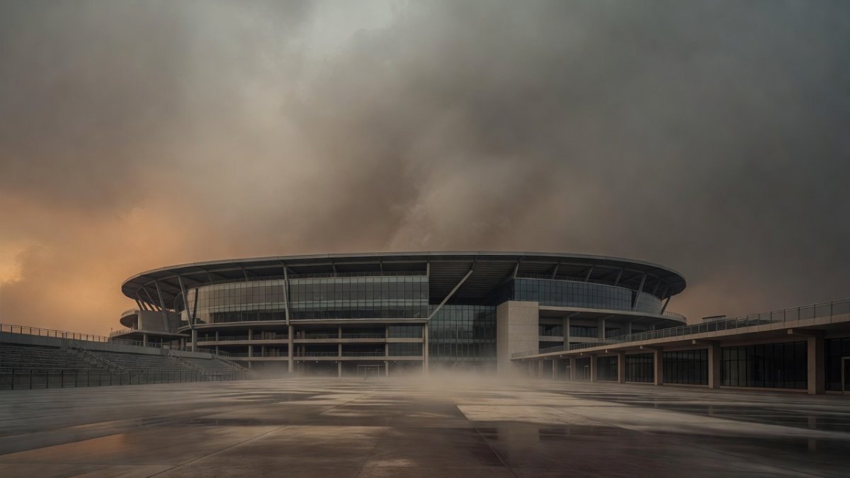 New York New Jersey Stadium under a grey smoky sky