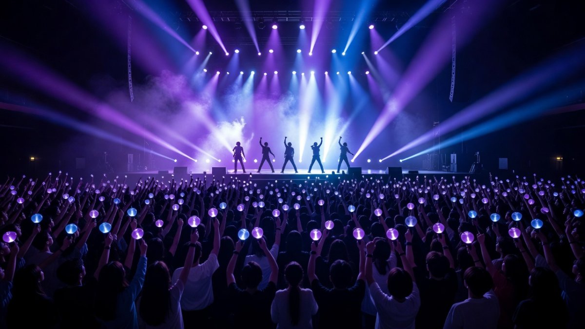 K-pop concert stage with dramatic lights and audience light sticks, representing the global fan power behind the BTS Grammy boycott
