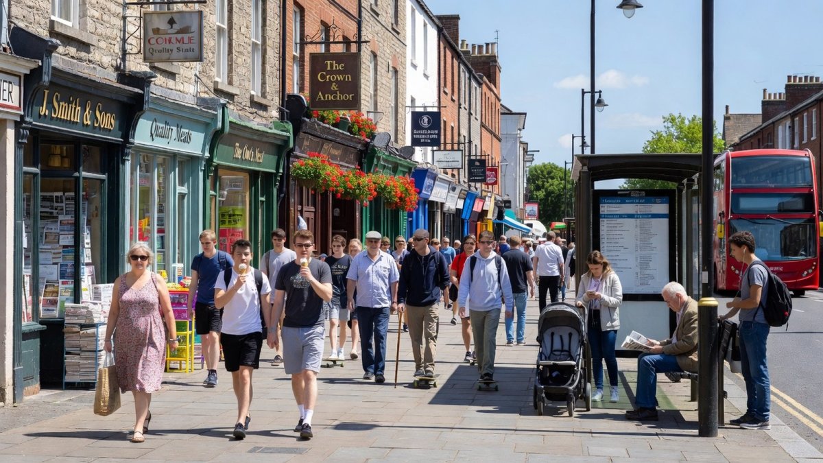A British high street with shops, pubs and bus stops during the summer