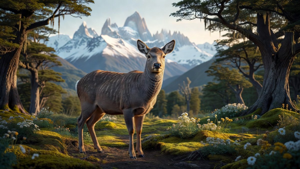 A huemul deer in a Patagonian forest clearing with snow-capped Andes peaks behind