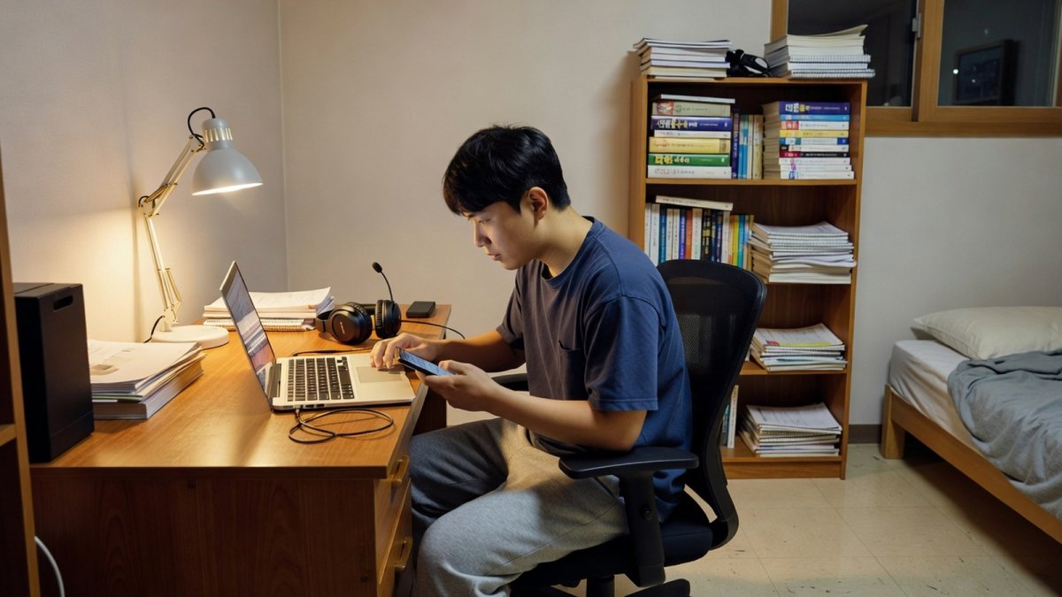 Young Korean adult at a desk with laptop in a studio apartment