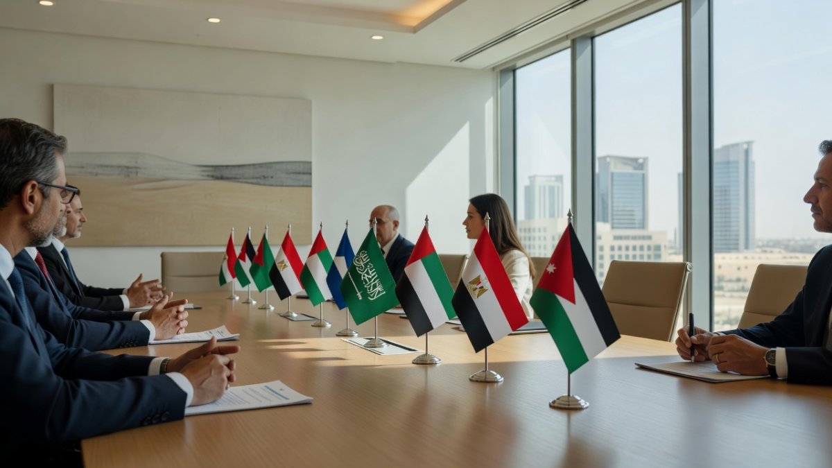 Diplomatic negotiations table with international flags in a Middle East conference room